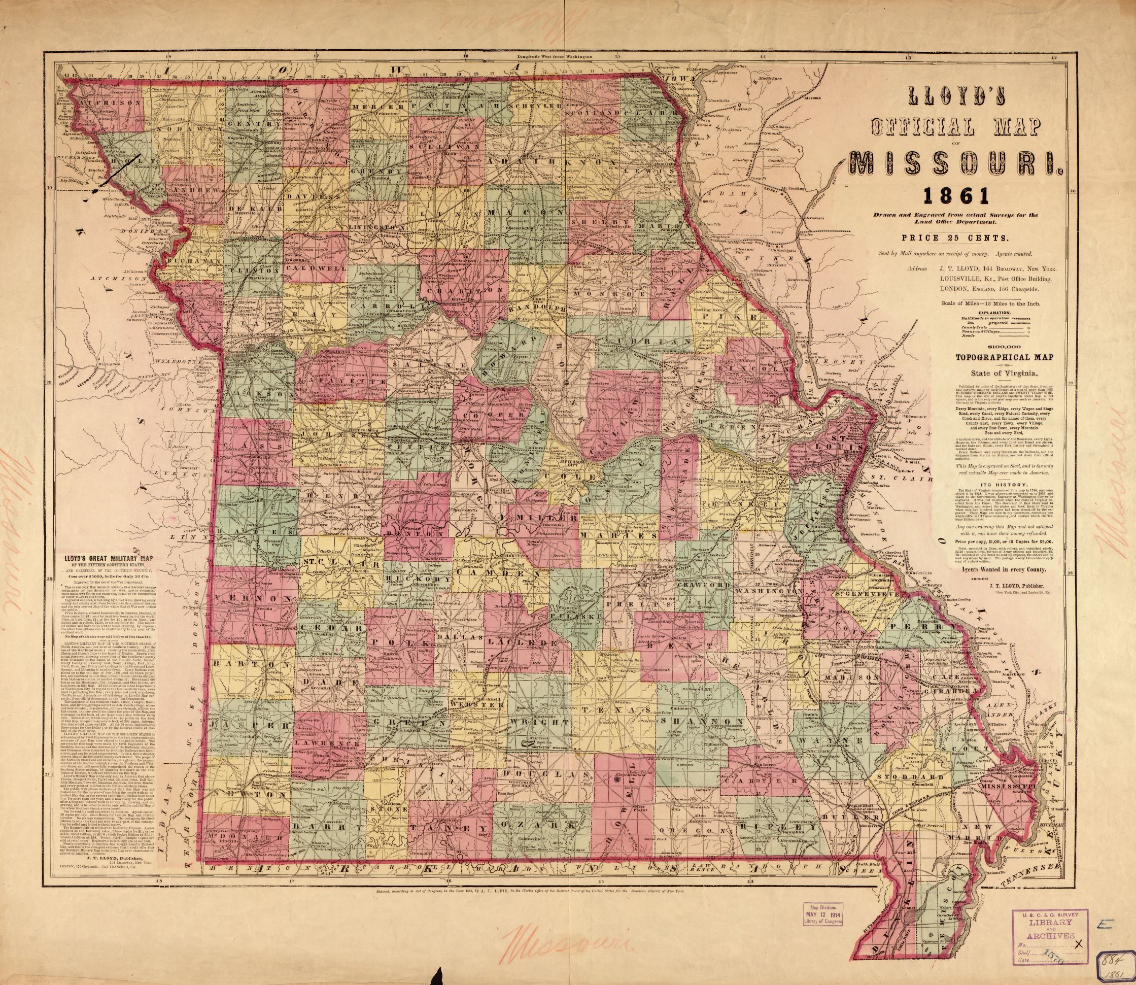 Lloyds Official Map-Missouri 1861